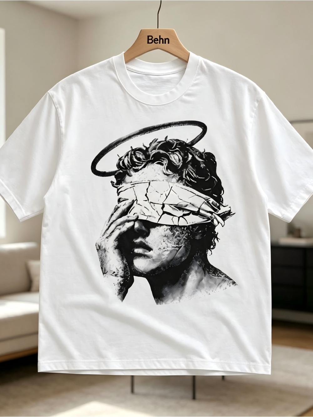 White Short Sleeve Graphic Tee - Blindfold Sculpture Print T-shirt Unisex